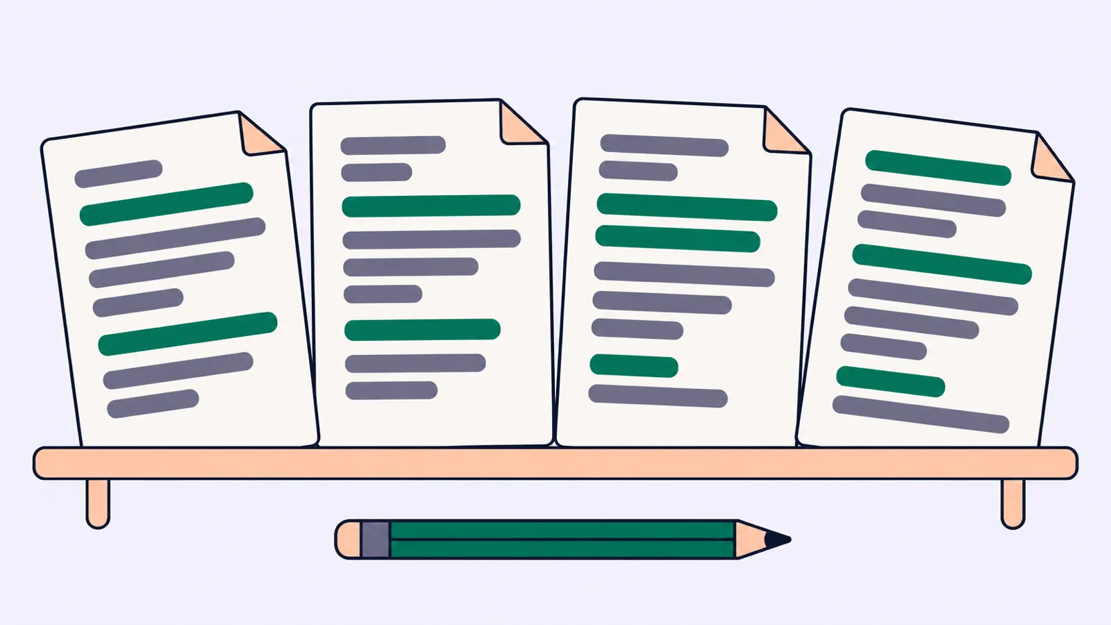 Four documents with different arrangements of gray and green lines stand on a peach shelf above a pencil.