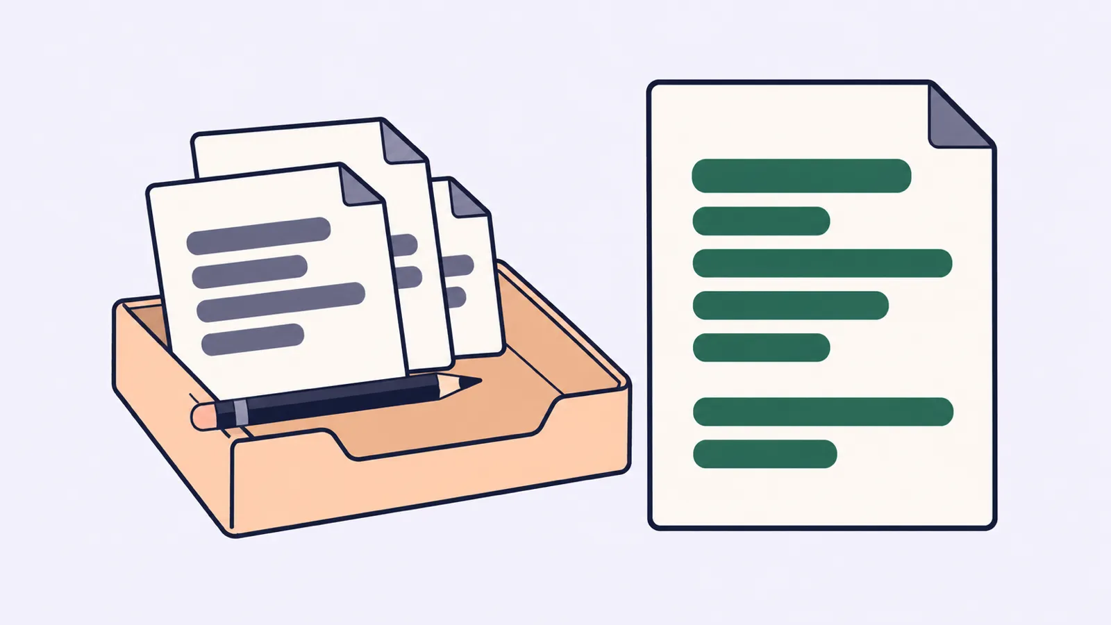 A peach tray holds a few documents and a pencil beside a larger page with green lines.