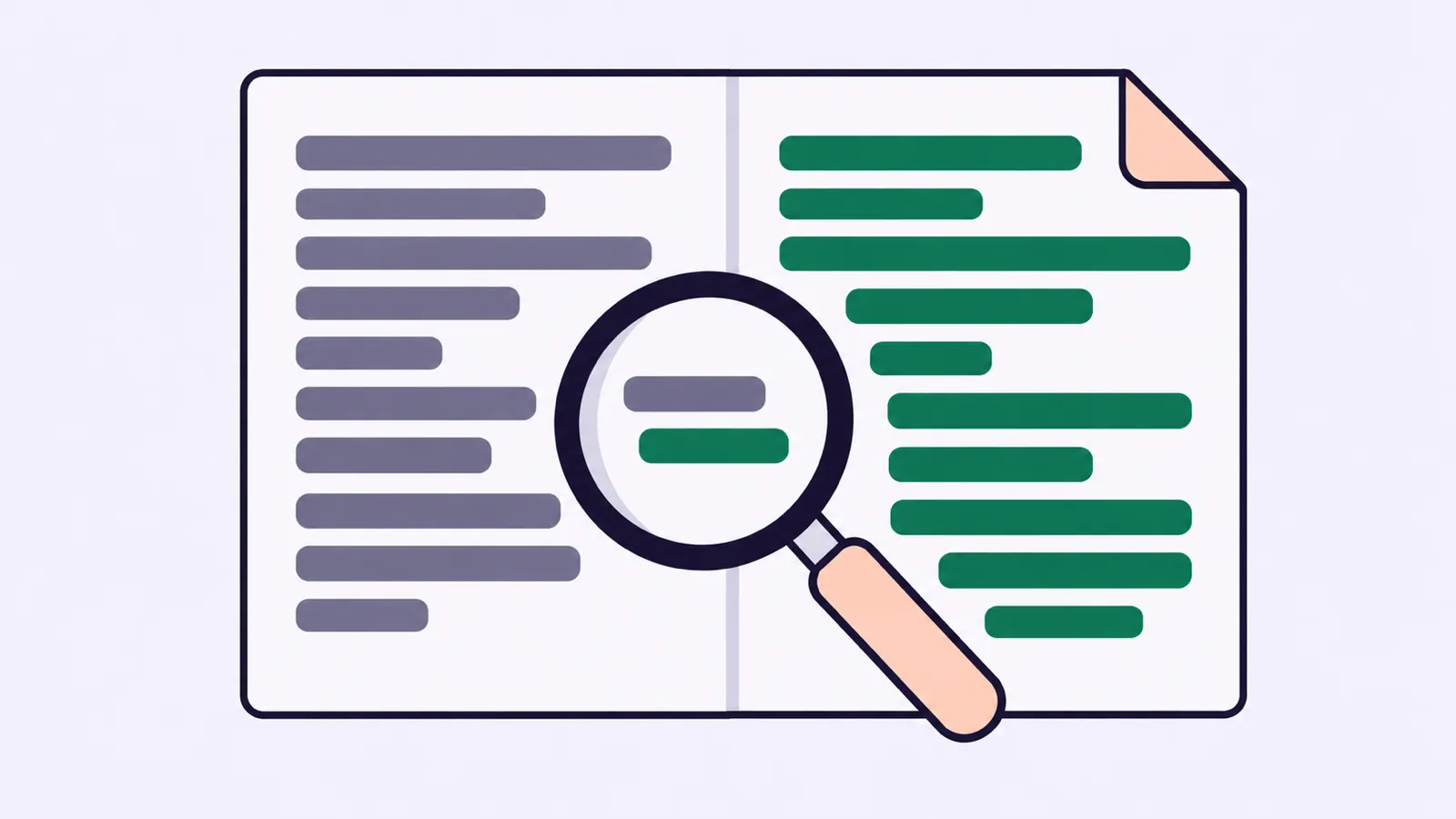 A magnifying glass examines gray and green lines on a document divided into two versions.